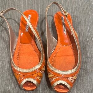 Via Spiga Orange and Gold Peep-Toe Slingback Heels